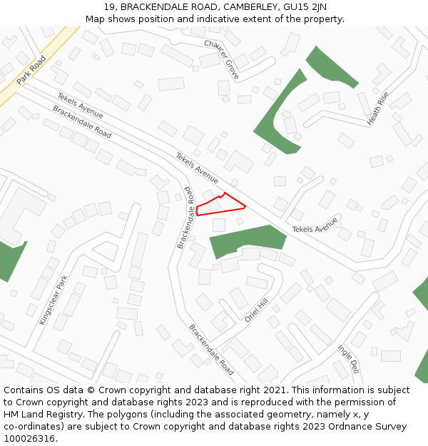 19, BRACKENDALE ROAD, CAMBERLEY, GU15 2JN: Location map and indicative extent of plot