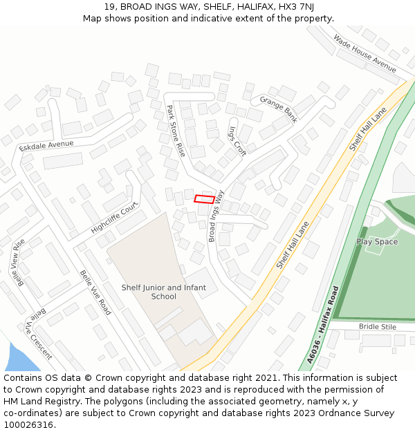 19, BROAD INGS WAY, SHELF, HALIFAX, HX3 7NJ: Location map and indicative extent of plot