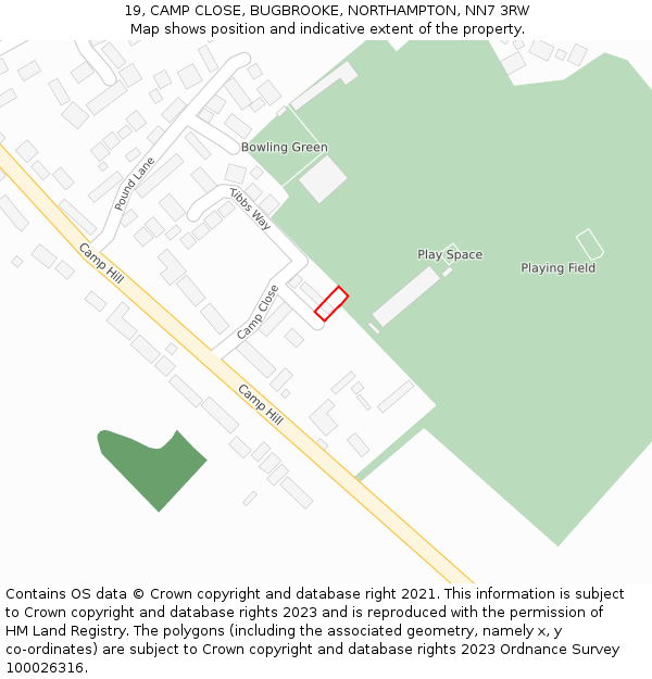 19, CAMP CLOSE, BUGBROOKE, NORTHAMPTON, NN7 3RW: Location map and indicative extent of plot