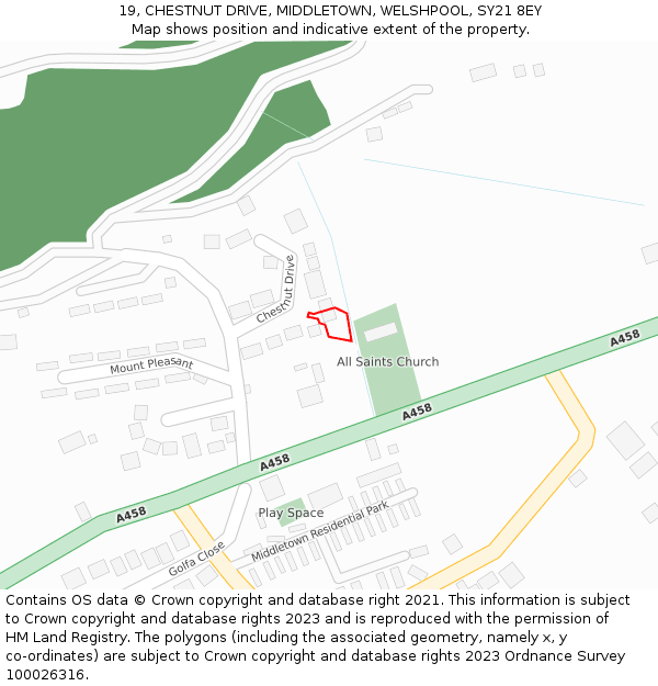 19, CHESTNUT DRIVE, MIDDLETOWN, WELSHPOOL, SY21 8EY: Location map and indicative extent of plot