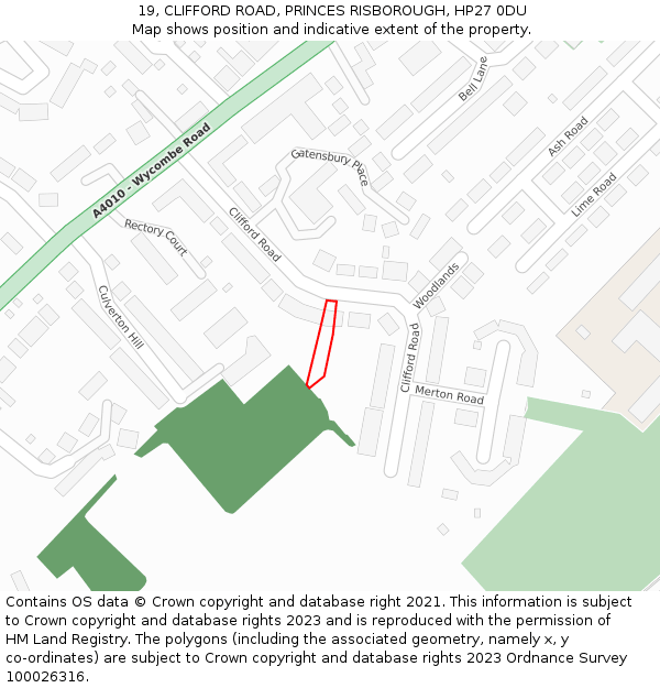 19, CLIFFORD ROAD, PRINCES RISBOROUGH, HP27 0DU: Location map and indicative extent of plot