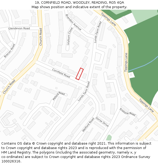 19, CORNFIELD ROAD, WOODLEY, READING, RG5 4QA: Location map and indicative extent of plot