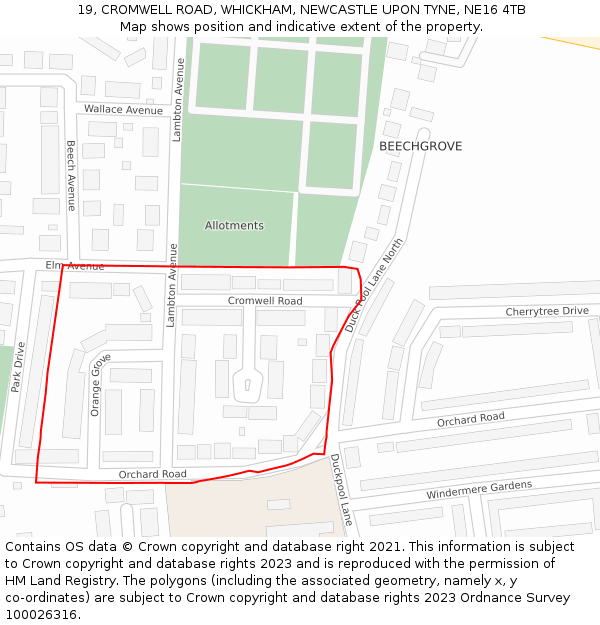 19, CROMWELL ROAD, WHICKHAM, NEWCASTLE UPON TYNE, NE16 4TB: Location map and indicative extent of plot