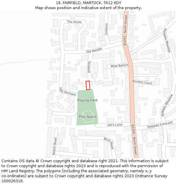 19, FAIRFIELD, MARTOCK, TA12 6DY: Location map and indicative extent of plot