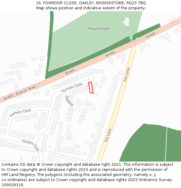 19, FOXMOOR CLOSE, OAKLEY, BASINGSTOKE, RG23 7BQ: Location map and indicative extent of plot