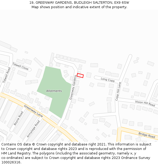 19, GREENWAY GARDENS, BUDLEIGH SALTERTON, EX9 6SW: Location map and indicative extent of plot