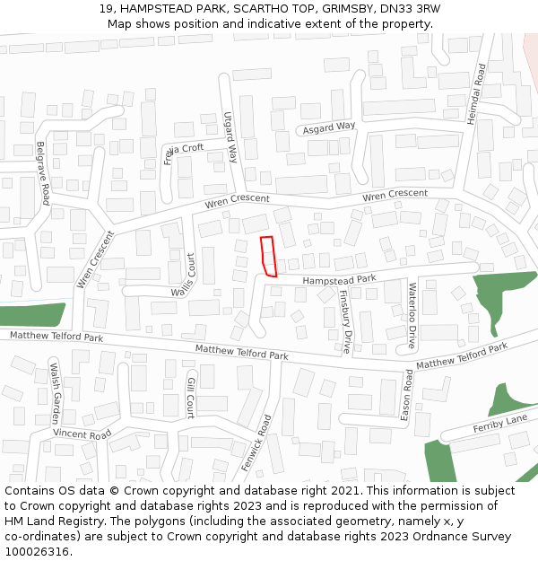 19, HAMPSTEAD PARK, SCARTHO TOP, GRIMSBY, DN33 3RW: Location map and indicative extent of plot