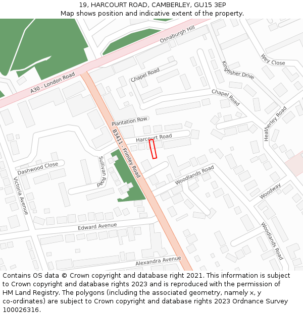 19, HARCOURT ROAD, CAMBERLEY, GU15 3EP: Location map and indicative extent of plot