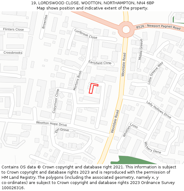 19, LORDSWOOD CLOSE, WOOTTON, NORTHAMPTON, NN4 6BP: Location map and indicative extent of plot