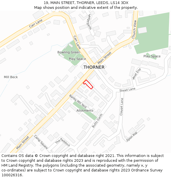 19, MAIN STREET, THORNER, LEEDS, LS14 3DX: Location map and indicative extent of plot