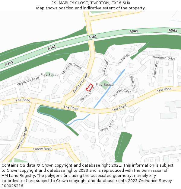 19, MARLEY CLOSE, TIVERTON, EX16 6UX: Location map and indicative extent of plot