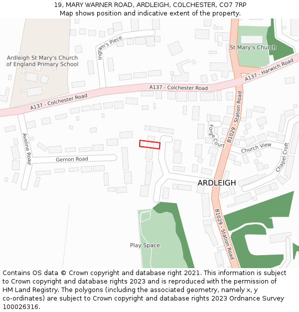 19, MARY WARNER ROAD, ARDLEIGH, COLCHESTER, CO7 7RP: Location map and indicative extent of plot