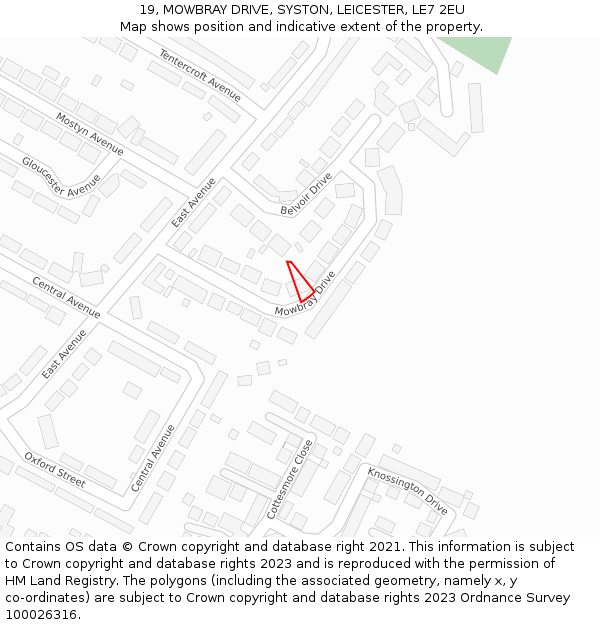 19, MOWBRAY DRIVE, SYSTON, LEICESTER, LE7 2EU: Location map and indicative extent of plot