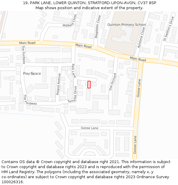 19, PARK LANE, LOWER QUINTON, STRATFORD-UPON-AVON, CV37 8SP: Location map and indicative extent of plot