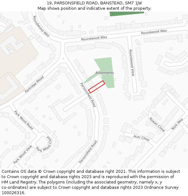 19, PARSONSFIELD ROAD, BANSTEAD, SM7 1JW: Location map and indicative extent of plot