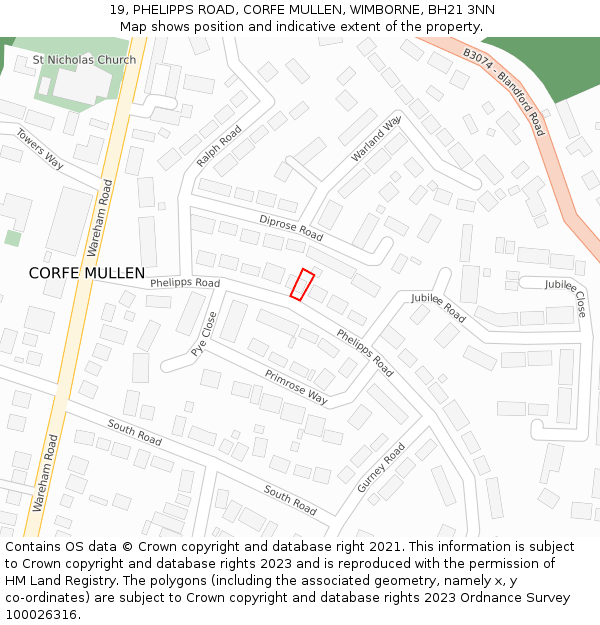 19, PHELIPPS ROAD, CORFE MULLEN, WIMBORNE, BH21 3NN: Location map and indicative extent of plot