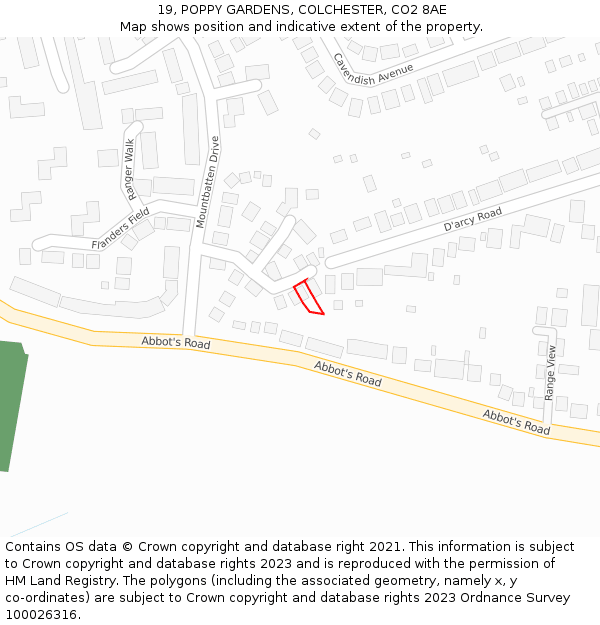 19, POPPY GARDENS, COLCHESTER, CO2 8AE: Location map and indicative extent of plot