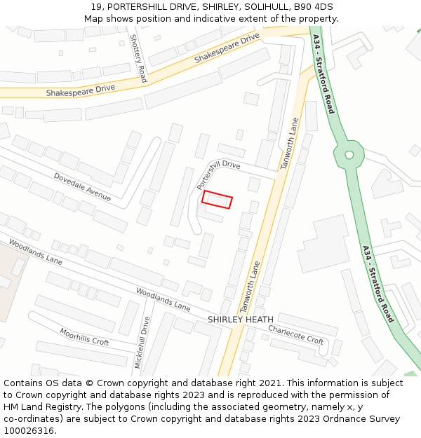 19, PORTERSHILL DRIVE, SHIRLEY, SOLIHULL, B90 4DS: Location map and indicative extent of plot