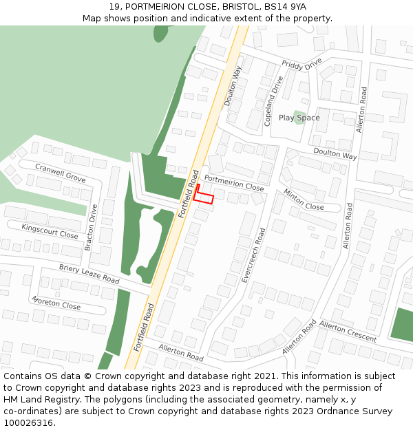 19, PORTMEIRION CLOSE, BRISTOL, BS14 9YA: Location map and indicative extent of plot