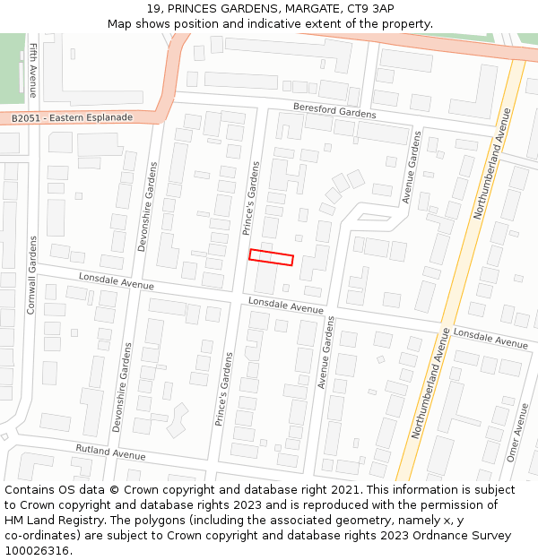 19, PRINCES GARDENS, MARGATE, CT9 3AP: Location map and indicative extent of plot