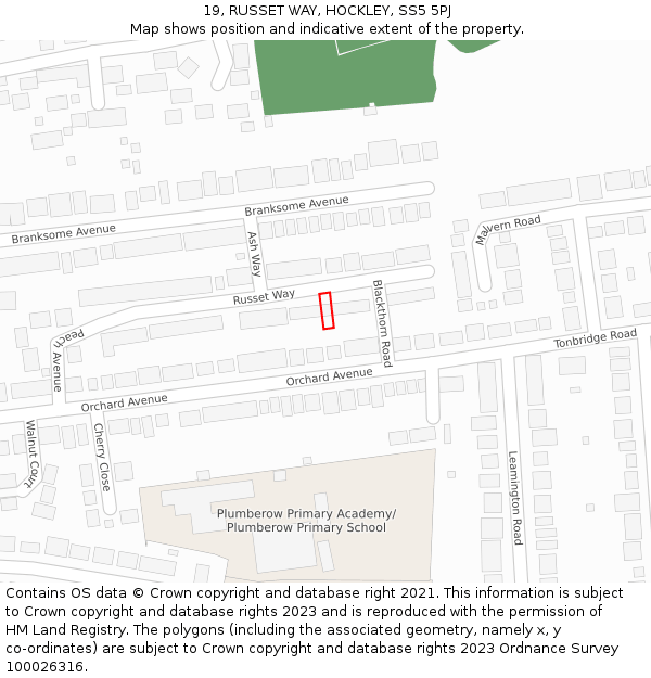 19, RUSSET WAY, HOCKLEY, SS5 5PJ: Location map and indicative extent of plot