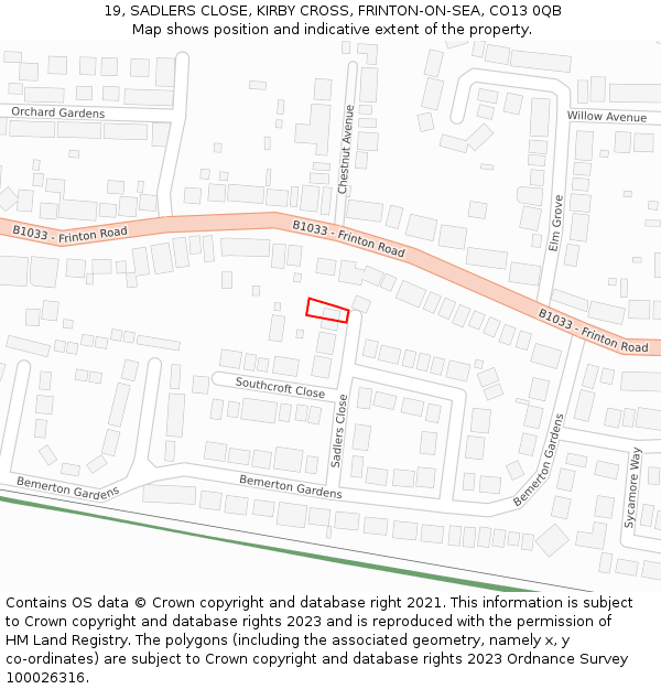 19, SADLERS CLOSE, KIRBY CROSS, FRINTON-ON-SEA, CO13 0QB: Location map and indicative extent of plot