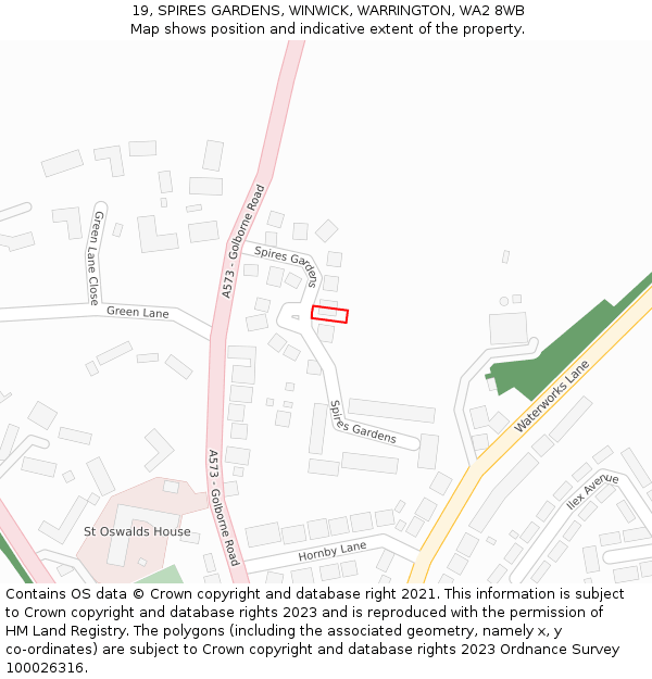 19, SPIRES GARDENS, WINWICK, WARRINGTON, WA2 8WB: Location map and indicative extent of plot