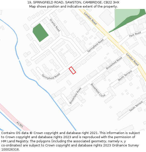 19, SPRINGFIELD ROAD, SAWSTON, CAMBRIDGE, CB22 3HX: Location map and indicative extent of plot