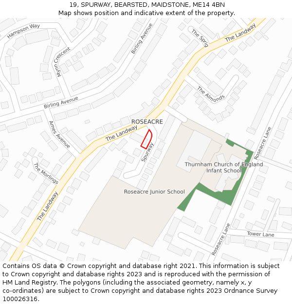 19, SPURWAY, BEARSTED, MAIDSTONE, ME14 4BN: Location map and indicative extent of plot