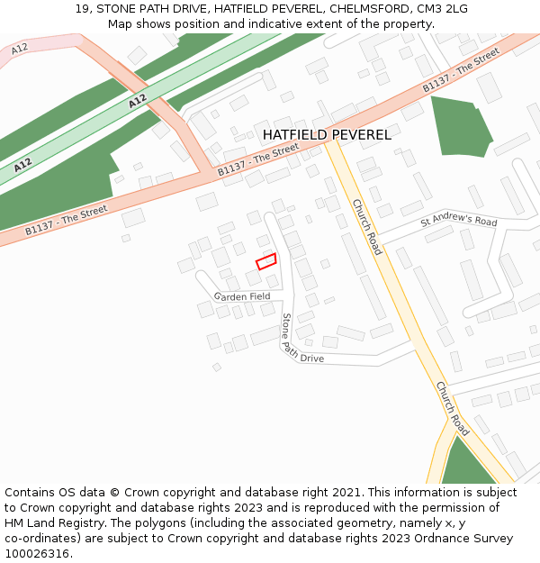 19, STONE PATH DRIVE, HATFIELD PEVEREL, CHELMSFORD, CM3 2LG: Location map and indicative extent of plot