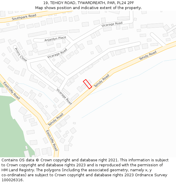 19, TEHIDY ROAD, TYWARDREATH, PAR, PL24 2PF: Location map and indicative extent of plot