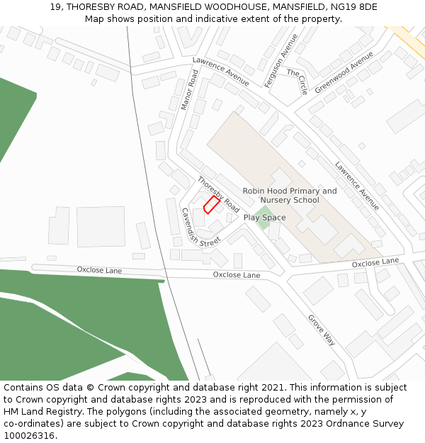 19, THORESBY ROAD, MANSFIELD WOODHOUSE, MANSFIELD, NG19 8DE: Location map and indicative extent of plot