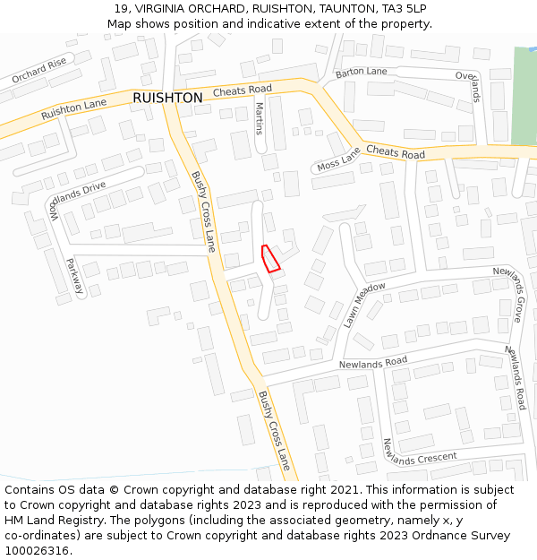 19, VIRGINIA ORCHARD, RUISHTON, TAUNTON, TA3 5LP: Location map and indicative extent of plot