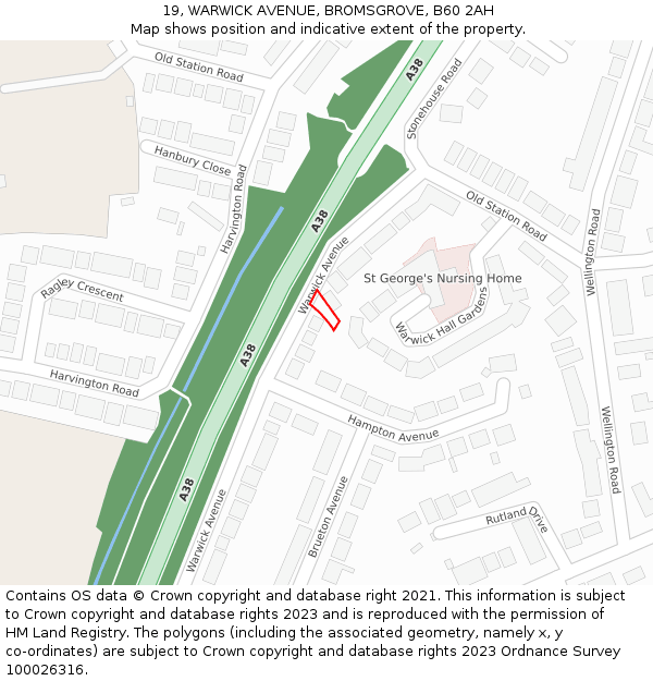 19, WARWICK AVENUE, BROMSGROVE, B60 2AH: Location map and indicative extent of plot