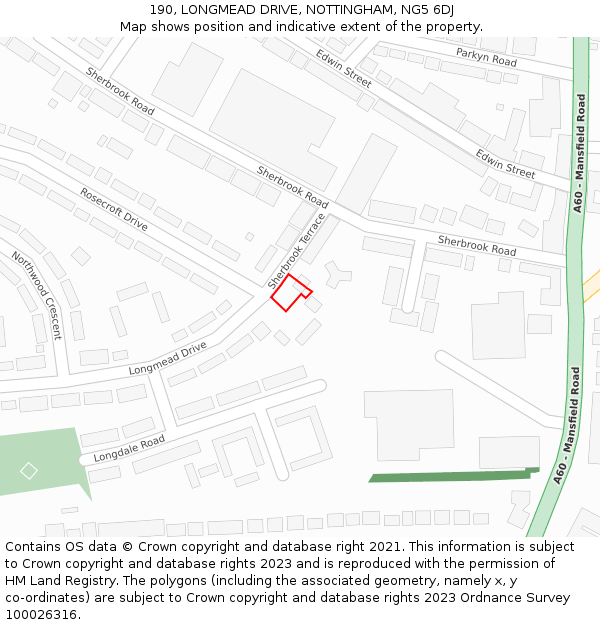 190, LONGMEAD DRIVE, NOTTINGHAM, NG5 6DJ: Location map and indicative extent of plot