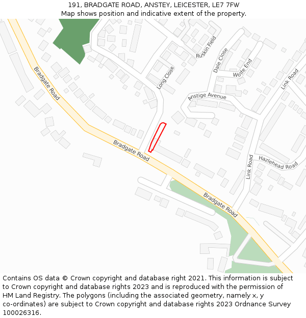 191, BRADGATE ROAD, ANSTEY, LEICESTER, LE7 7FW: Location map and indicative extent of plot