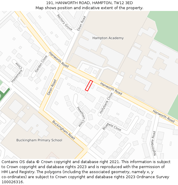 191, HANWORTH ROAD, HAMPTON, TW12 3ED: Location map and indicative extent of plot