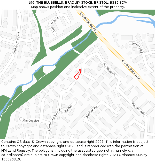 196, THE BLUEBELLS, BRADLEY STOKE, BRISTOL, BS32 8DW: Location map and indicative extent of plot