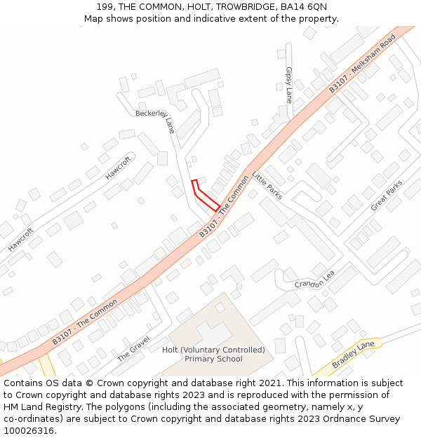 199, THE COMMON, HOLT, TROWBRIDGE, BA14 6QN: Location map and indicative extent of plot