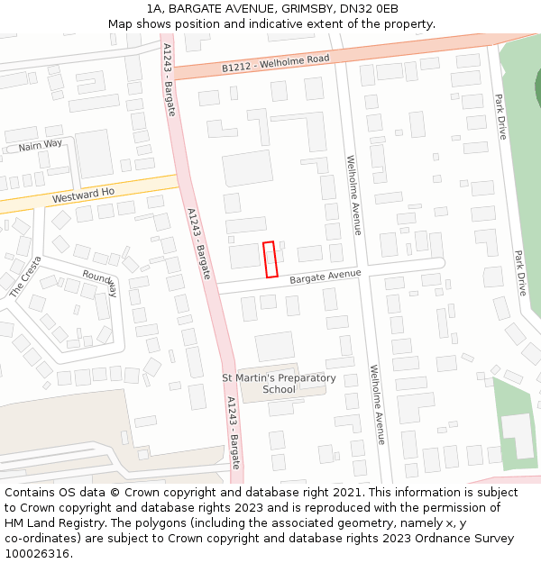 1A, BARGATE AVENUE, GRIMSBY, DN32 0EB: Location map and indicative extent of plot