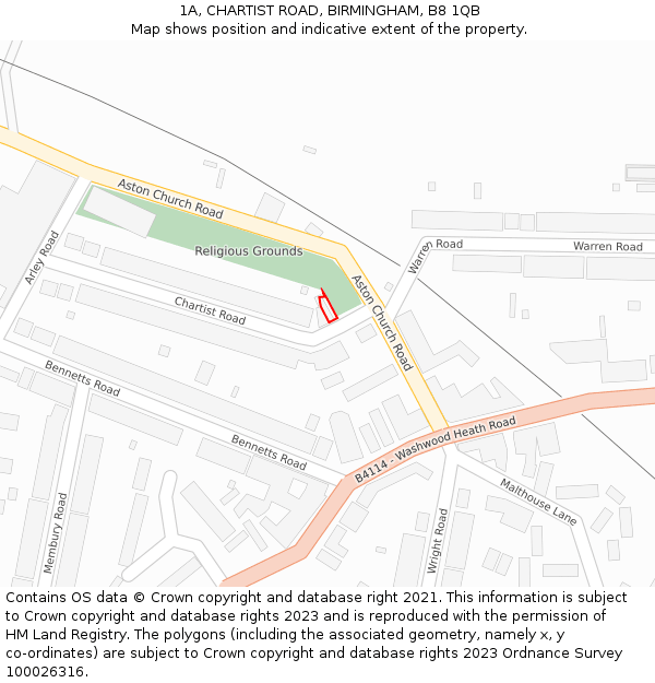 1A, CHARTIST ROAD, BIRMINGHAM, B8 1QB: Location map and indicative extent of plot