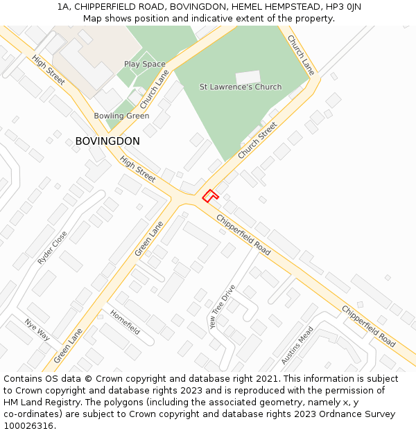 1A, CHIPPERFIELD ROAD, BOVINGDON, HEMEL HEMPSTEAD, HP3 0JN: Location map and indicative extent of plot