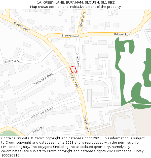 1A, GREEN LANE, BURNHAM, SLOUGH, SL1 8BZ: Location map and indicative extent of plot