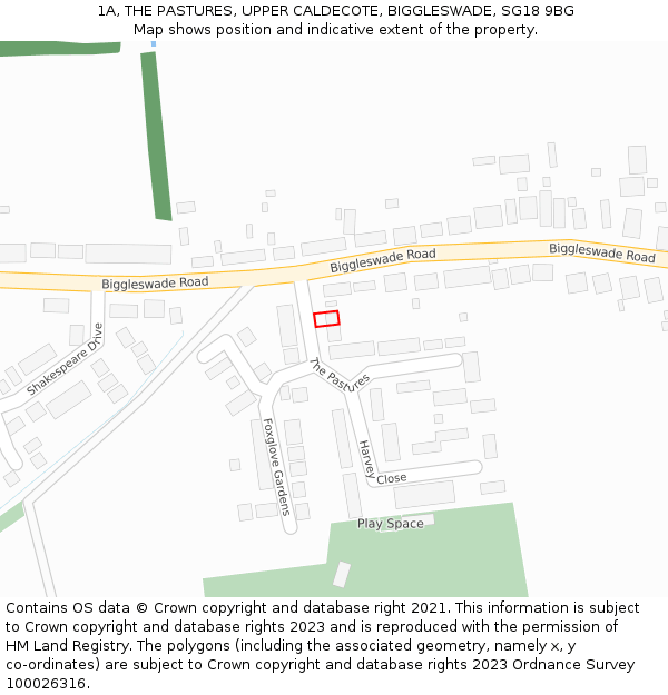 1A, THE PASTURES, UPPER CALDECOTE, BIGGLESWADE, SG18 9BG: Location map and indicative extent of plot