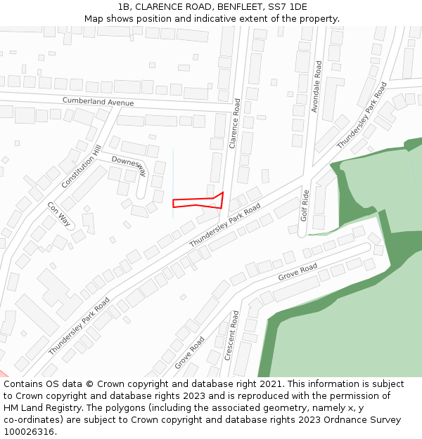 1B, CLARENCE ROAD, BENFLEET, SS7 1DE: Location map and indicative extent of plot