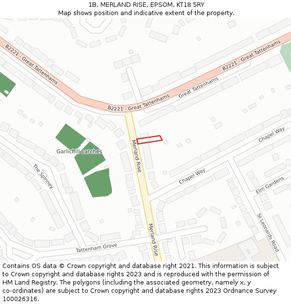 1B, MERLAND RISE, EPSOM, KT18 5RY: Location map and indicative extent of plot