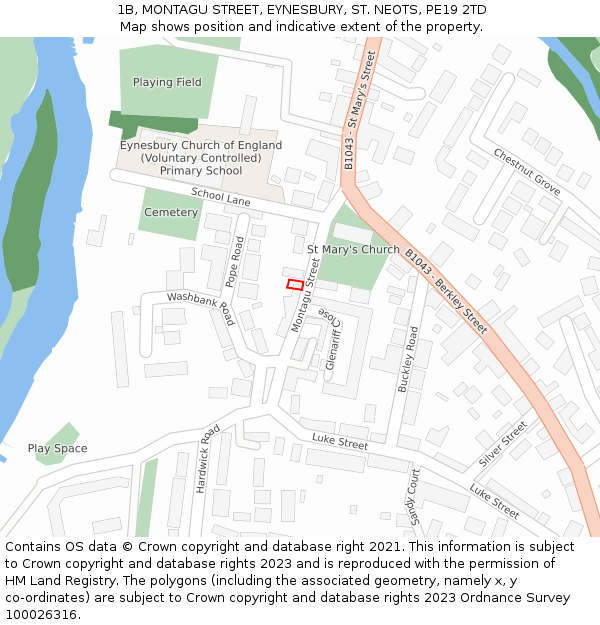 1B, MONTAGU STREET, EYNESBURY, ST. NEOTS, PE19 2TD: Location map and indicative extent of plot