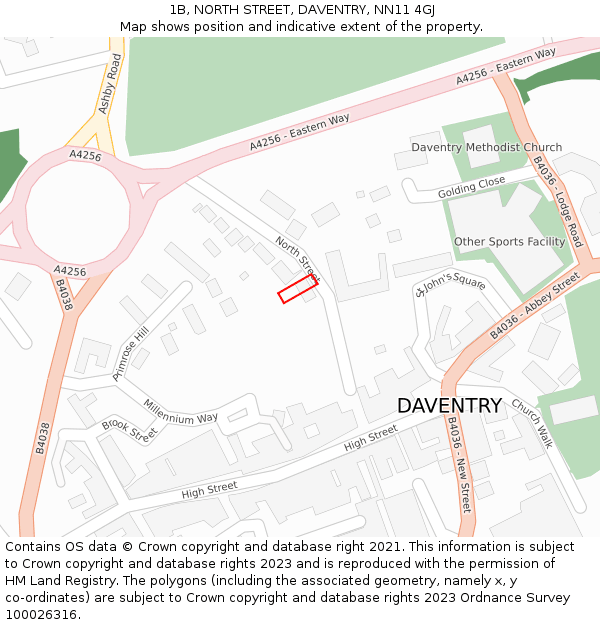 1B, NORTH STREET, DAVENTRY, NN11 4GJ: Location map and indicative extent of plot