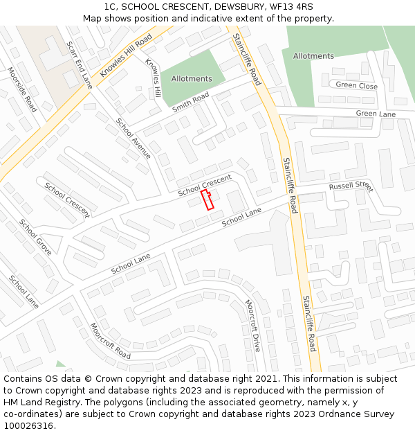 1C, SCHOOL CRESCENT, DEWSBURY, WF13 4RS: Location map and indicative extent of plot