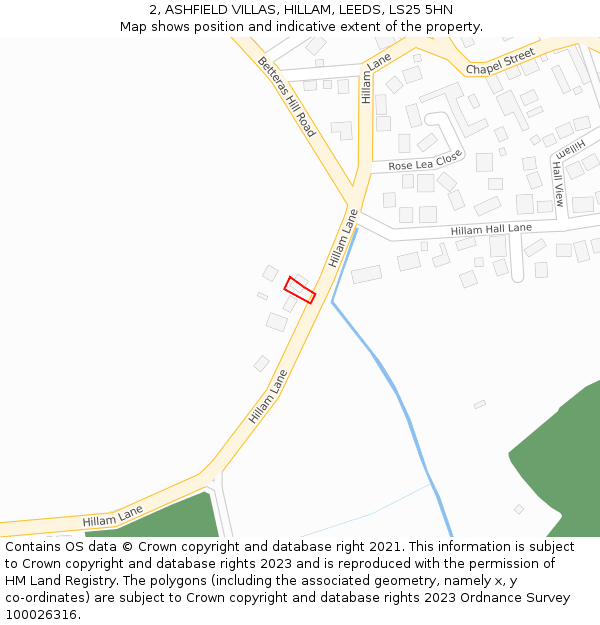 2, ASHFIELD VILLAS, HILLAM, LEEDS, LS25 5HN: Location map and indicative extent of plot